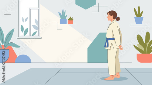 Martial artist wearing a blue belt stands calmly in a minimalist room filled with various potted house plants.