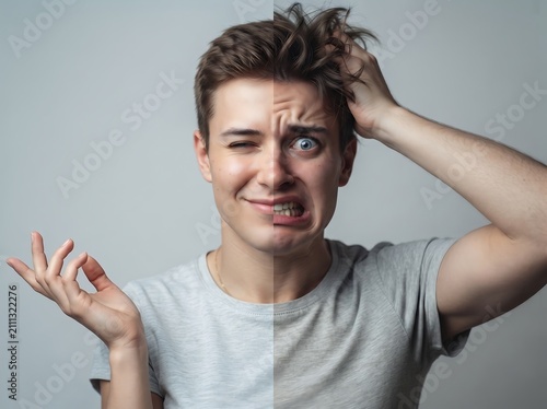 Young man expressing contrasting emotional states with split face expressions of confusion and playful wink