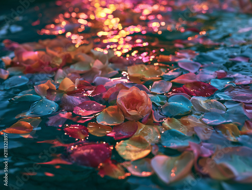 Floating Flower Petals on Shimmering Water with Colorful Light Reflections