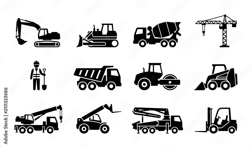 Fototapeta premium Construction Equipment Icons Set, Heavy Machinery Vector Graphics, Industrial Vehicles Collection, Building Site Tools