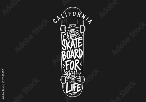 White line art of a skateboard with text overlay 'California Skate Board For Life', isolated on transparent alpha, ideal for graphic design, apparel and branding.