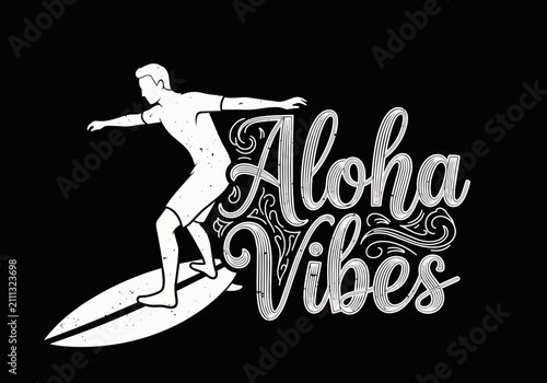 White silhouette of a surfer on a surfboard with 'Aloha Vibes' lettering, isolated on transparent alpha, perfect for summer promotions, beachwear advertising and tropical event invitations.