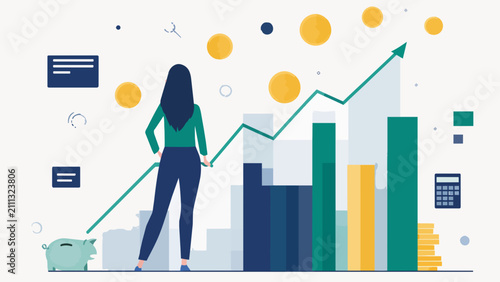 Woman analyzing rising bar graph with coins and calculator, isolated on transparent alpha background, ideal for financial growth, business strategy and investment planning.