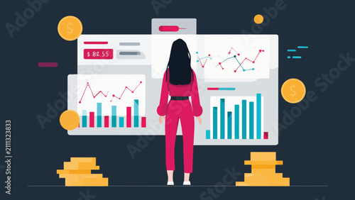 Woman analyzing financial charts with coins and data screens, top view, perfect for business analytics, financial planning and investment strategy presentations.