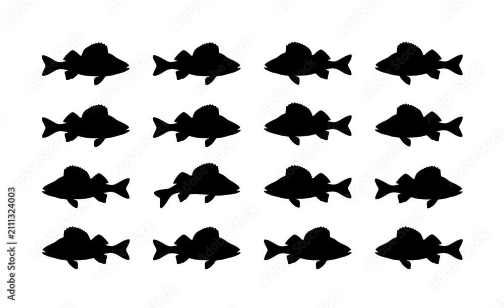 Fototapeta premium Collection of 16 Black Fish Silhouettes, Aquatic Wildlife Vector Graphics, Simple Seafood Icons for Design