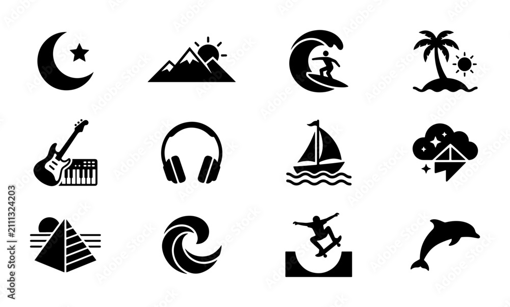 Fototapeta premium Diverse Icon Set: Crescent Moon, Mountains, Surfing, Palm Tree Island, Guitar, Headphones, Sailboat, Storm, Pyramid, Wave, Skateboarder, Dolphin Vector Graphics