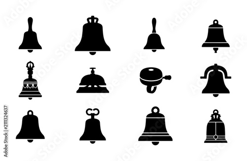 Set of 12 Diverse Bell Icons, Vector Graphics Collection, Ringing Sound Symbols, Alert Notification Elements, Classic and Modern Bell Shapes