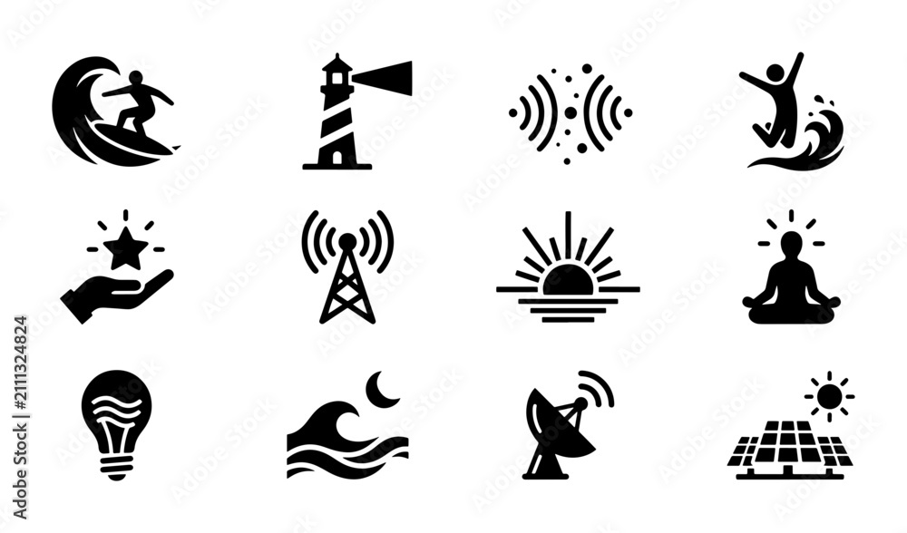 Obraz premium Abstract Icons Set: Surfing, Lighthouse, Waves, Sunrise, Meditation, Star, Lightbulb, Moon, Satellite, Solar Panels, Signal, Jumping Person