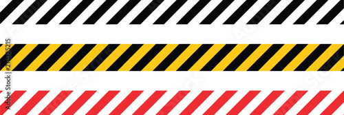 warning tape stripe icons with yellow, red and black diagonal caution lines for hazard, danger and safety vector illustration.