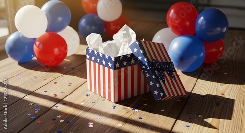 Patriotic gift box with american flag pattern, surrounded by red, white, and blue balloons and starshaped confetti on a rustic wooden floor, perfect for independence day celebration