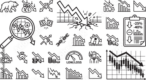 Cuadro en lienzo Set of hand drawn financial crisis and stock market crash icons and business rec