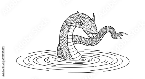 Photos Mythical Sea Serpent Rising From Water Ripples Line Art Illustration