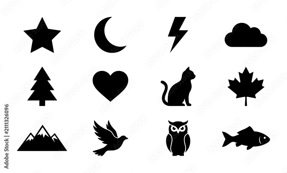 Fototapeta premium Black Silhouette Icons: Star, Moon, Lightning, Cloud, Tree, Heart, Cat, Maple Leaf, Mountains, Dove, Owl, Fish. Simple Vector Symbols for Design.
