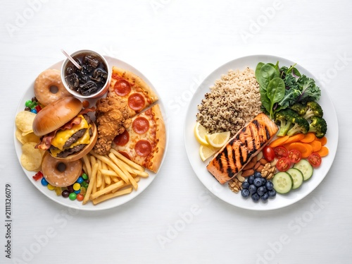 Making Informed Choices Contrasting a Plate of Indulgent Fast Food Against a Wholesome, Nutrient-Rich Meal for Optimal Health