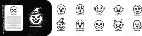 Fotografie premium ultra bold line icon set for Halloween expression like Haunted cry Spectral wail Goblin jeer Vampire hiss Zombie drone Witchy cackle Phantom gaze Skeleton grin Demon glare Ghost sigh