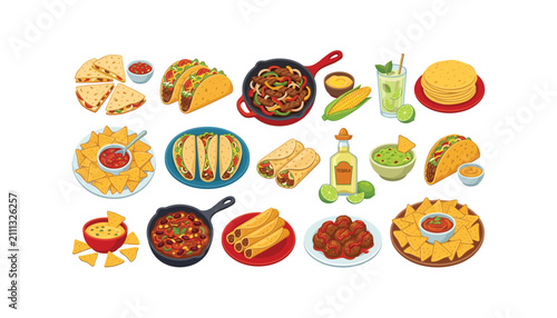 Foto Mexican food traditional cuisine vector illustration set with tacos nachos quesa