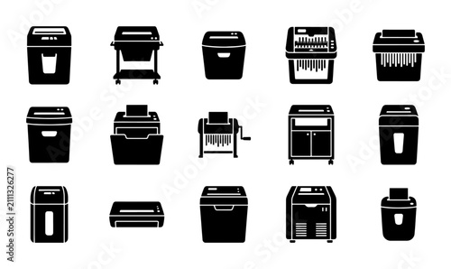 Document Shredder Icons Set, Office Equipment Vector Collection, Security and Confidentiality Symbols, Paper Destruction Machines