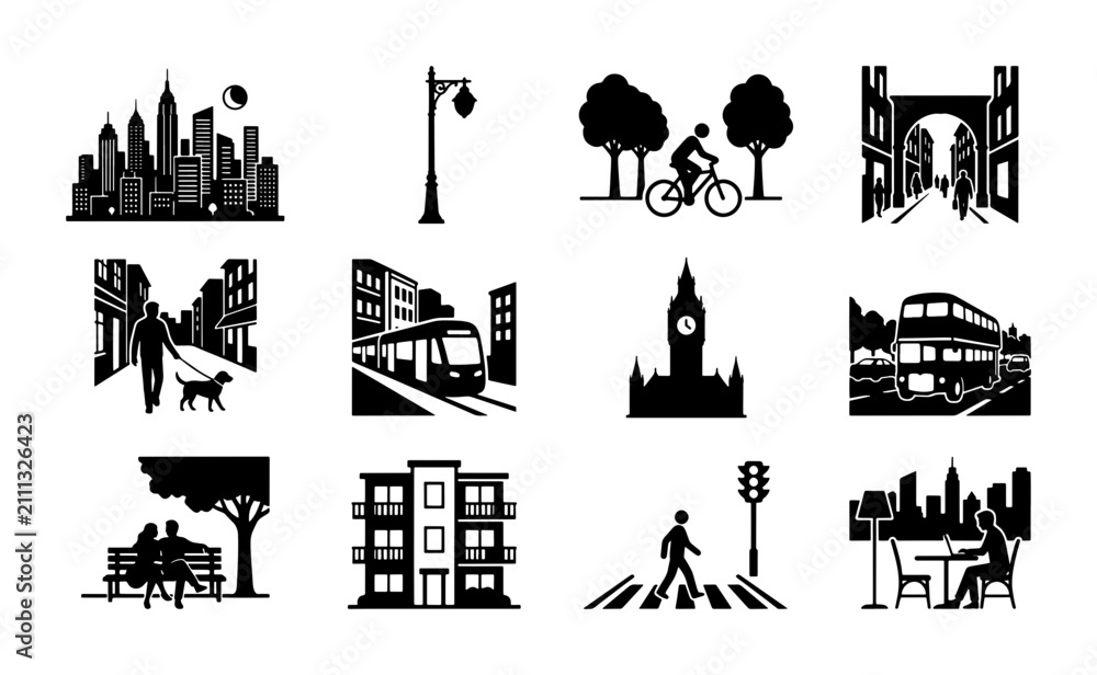 Fototapeta premium Urban Cityscape Icons Collection: Silhouette Buildings, Street Scenes, Transportation, and People in Black and White Vector Graphics for City Life Concepts