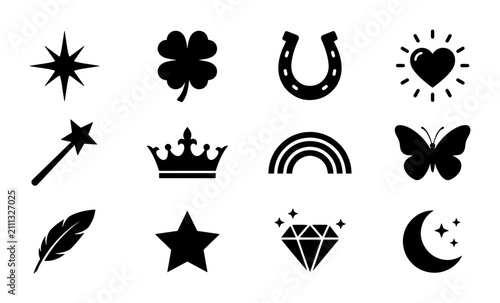 Lucky Symbols Collection, 12 Vector Icons: Starburst, Clover, Horseshoe, Heart, Wand, Crown, Rainbow, Butterfly, Feather, Star, Diamond, Moon & Stars. Good Fortune & Magic Elements.