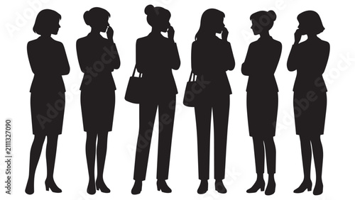 Εκτύπωση καμβά Five professional women standing and talking together in business attire silhoue