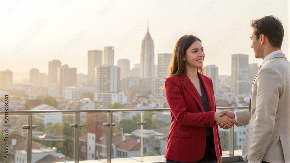 Fototapeta premium Business professionals shake hands on a rooftop with a city skyline in the background.
