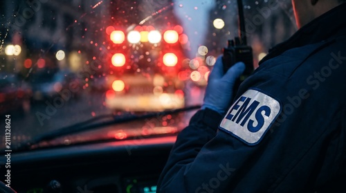 EMS Paramedic First Responder Using Portable Radio Communicator During Emergency Response at Night