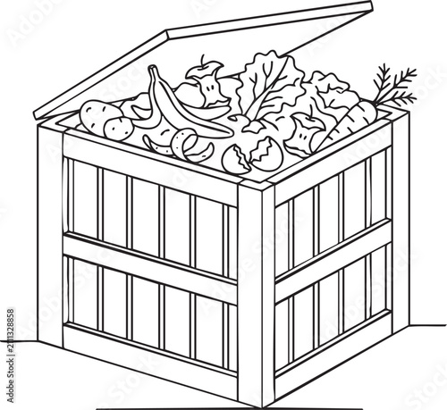 Hand drawn organic waste compost bin outline symbols for coloring books