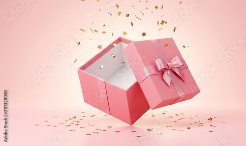 Pink gift box opened with gold confetti and bow ribbon celebration scene