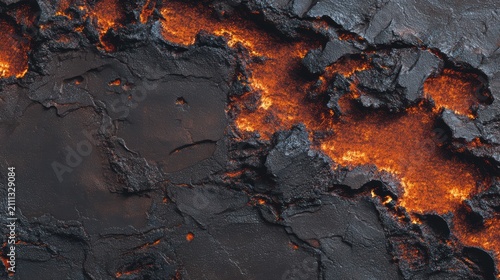 Macro photography of dark cracked surface with glowing orange molten metal texture