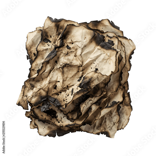 Burnt crumpled paper texture isolated white with displays severely burnt on transparent background
