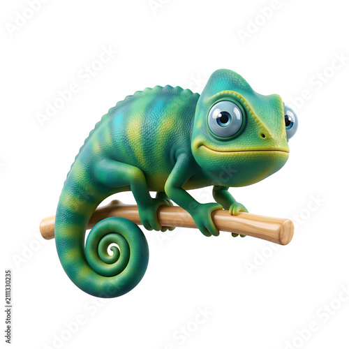 Cute cartoon chameleon character resting a wooden branch for mascot design on transparent background