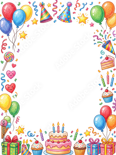 Birthday Party Frame: A festive and colorful border filled with iconic birthday elements like balloons, party hats, cakes, candles, gifts, and confetti, creating a joyful and celebratory atmosphere.
