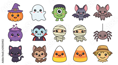 Halloween Themed Cute Cartoon Characters Collection.