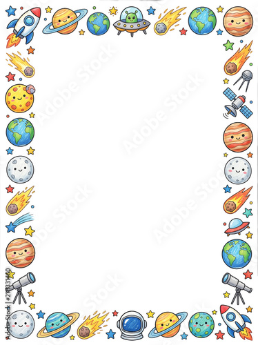 Space and Planets Border: A whimsical border featuring cartoon planets, rockets, UFOs, comets, and stars, perfect for educational materials or themed invitations.