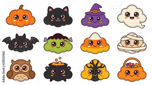 Halloween-Themed Cartoon Animal and Creature Faces.