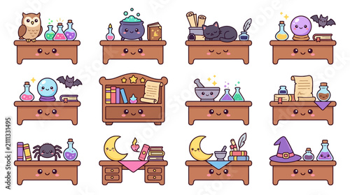 Whimsical Fantasy Creatures Displayed on Wooden Shelves.