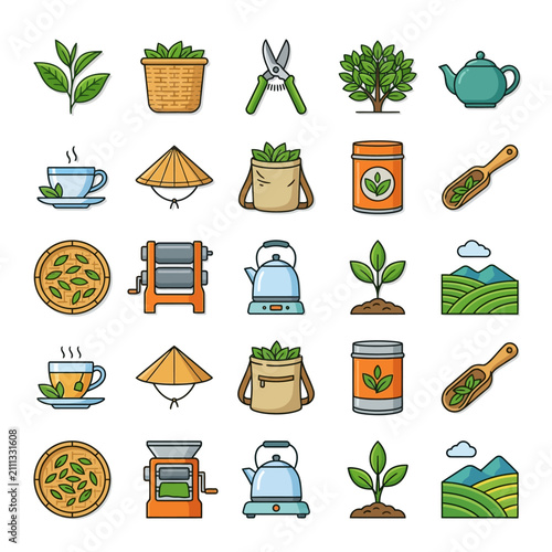 Colorful Hand Drawn Herbal Tea Making Icons.