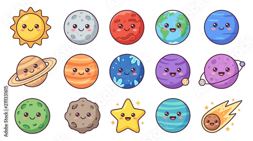 Colorful Cartoon Planets with Friendly Faces.