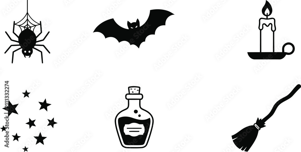 Fototapeta premium Collection of magical halloween symbols including spider web bat candle stars potion and broom