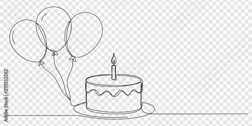 Continuous one line drawing of birthday cake and balloons isolated on white background, Vector, Happy birthday continuous line drawing with handwritten lettering, balloon and cake in minimalist vector