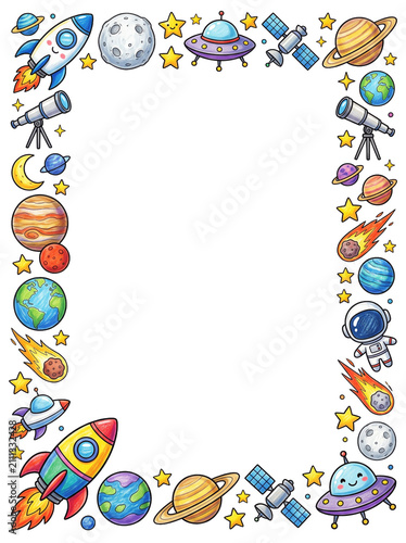 Space Exploration Frame: A whimsical border filled with planets, rockets, astronauts, and stars, perfect for invitations, cards, or educational materials related to space and science.