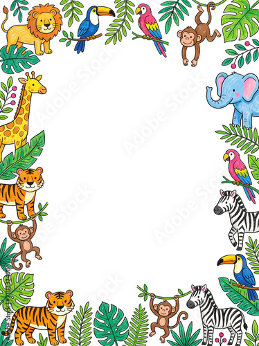 Jungle Border Frame: A vibrant and whimsical jungle-themed border featuring a delightful collection of safari animals, including a lion, giraffe, elephants, tigers, zebras, monkeys, toucans.