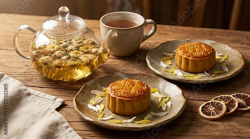 Warm herbal tea and baked pastries on rustic wooden table
