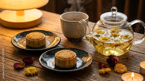 Warm herbal tea and baked pastries on wooden table setting