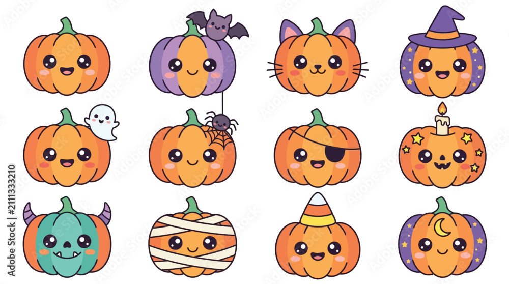 Fototapeta premium Halloween Themed Cartoon Pumpkin Faces Characters.