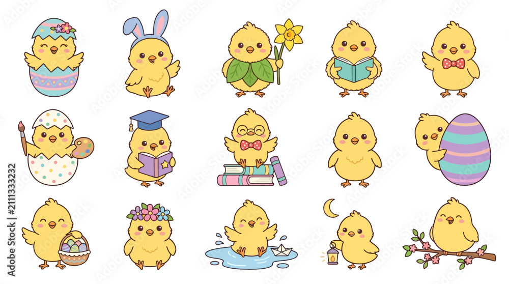 Fototapeta premium Cute cartoon chicks with various playful accessories.
