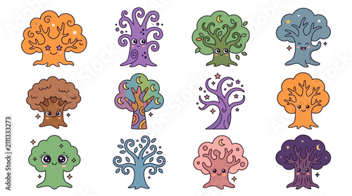Colorful Cartoon Trees with Faces Illustration.