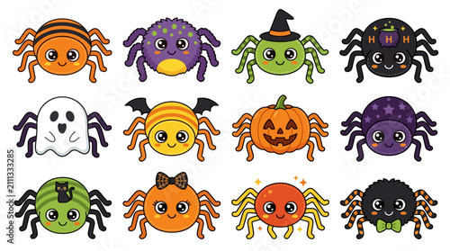 Halloween Themed Cartoon Spiders with Faces.