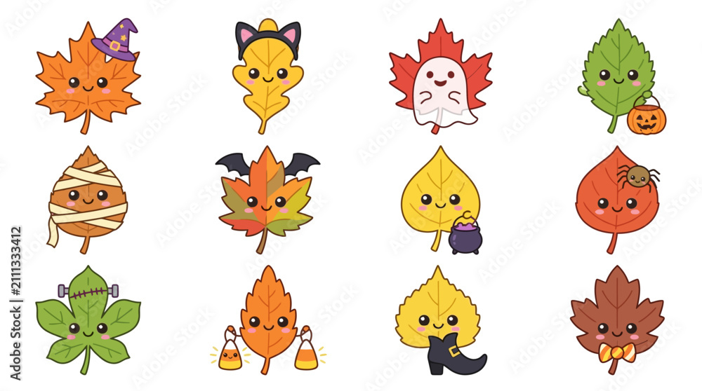 Naklejka premium Cute Cartoon Leaf and Pumpkin Halloween Characters.