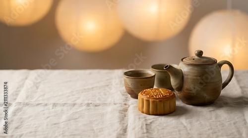Warm illuminated tea set with pastry on linen tablecloth